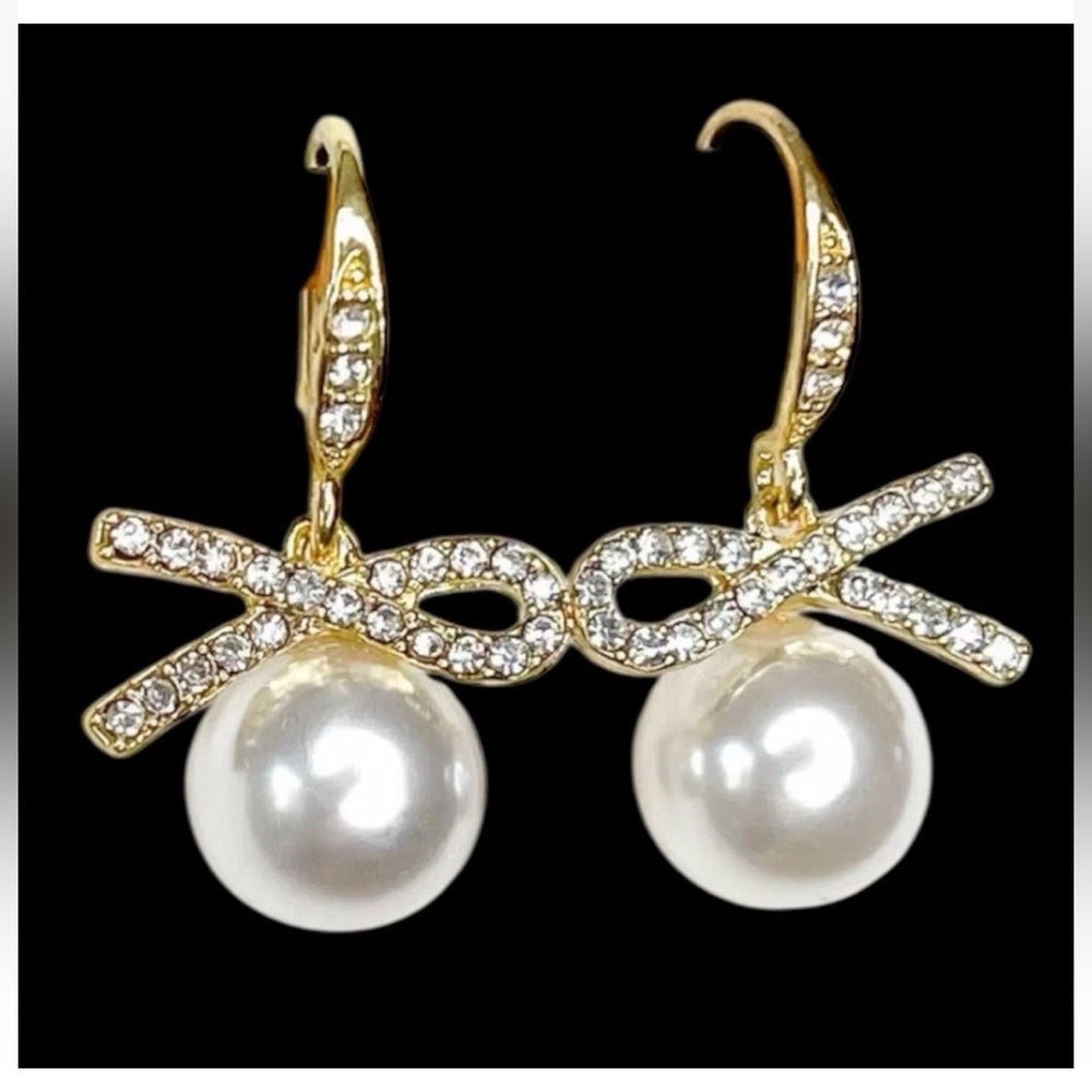 SHASHI Small Faux Pave Goldplated Ribbon Bow Pearl Drop Jewelry Earrings